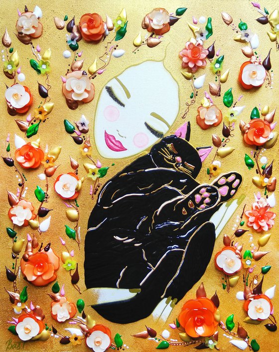 Woman and black cat. Summer floral cat mom with orange and cream flowers