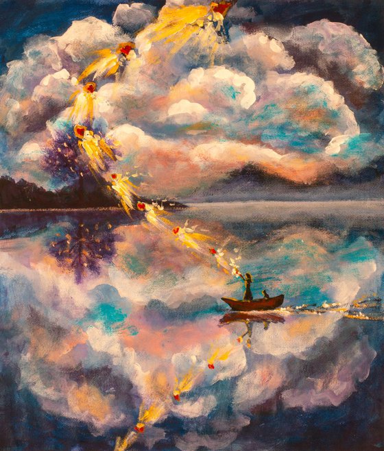 Witch with cat in boat on river and beautiful clouds, magical ritual of love in wonderland painting on canvas by artist Valery Rybakow