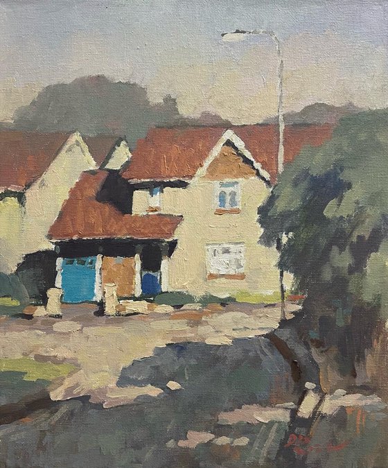 Original Oil Painting Wall Art Artwork Signed Hand Made Jixiang Dong Canvas 25cm × 30cm Nice Neighborhood small building Impressionism