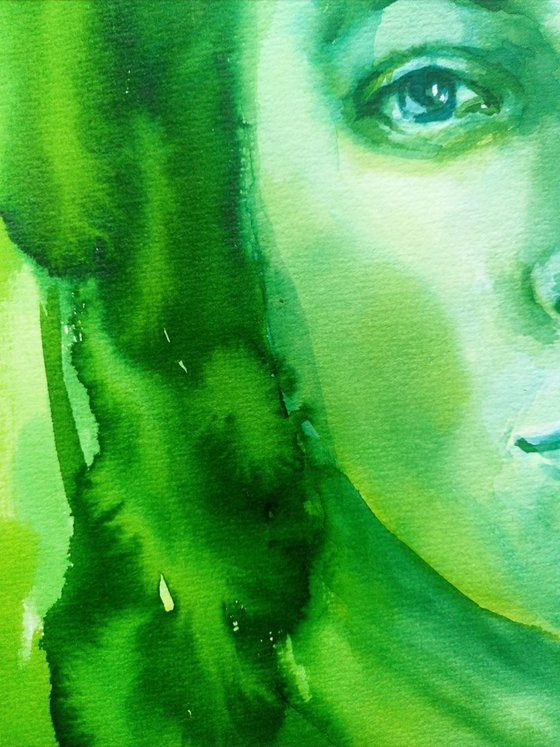 PORTRAIT - Green Forest Queen.- ORIGINAL WATERCOLOR PAINTING.