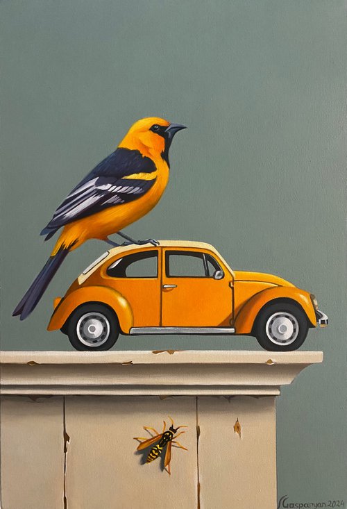 Still life with bird and yellow car by Ara Gasparian