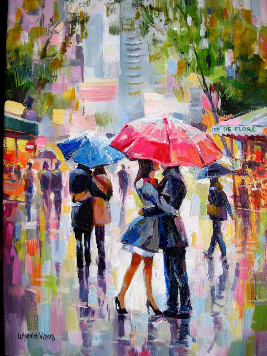 Impressionistic Portrait Acrylic Painting By Vladimir Lutsevich, 12 X 16", A Walk Through A Rainy City, Original Artwork