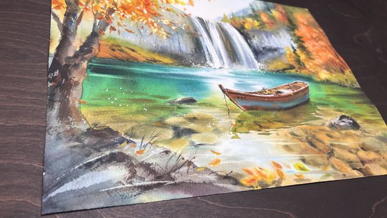 Boat Beneath Autumn’s Cascade