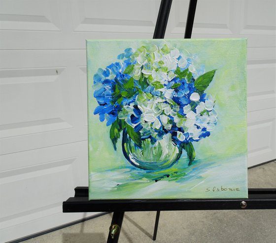 Blue White Hydrangeas Abstract Flowers Small Painting on Canvas. Impressionistic Stile Floral Abstract Art. Modern Impressionism