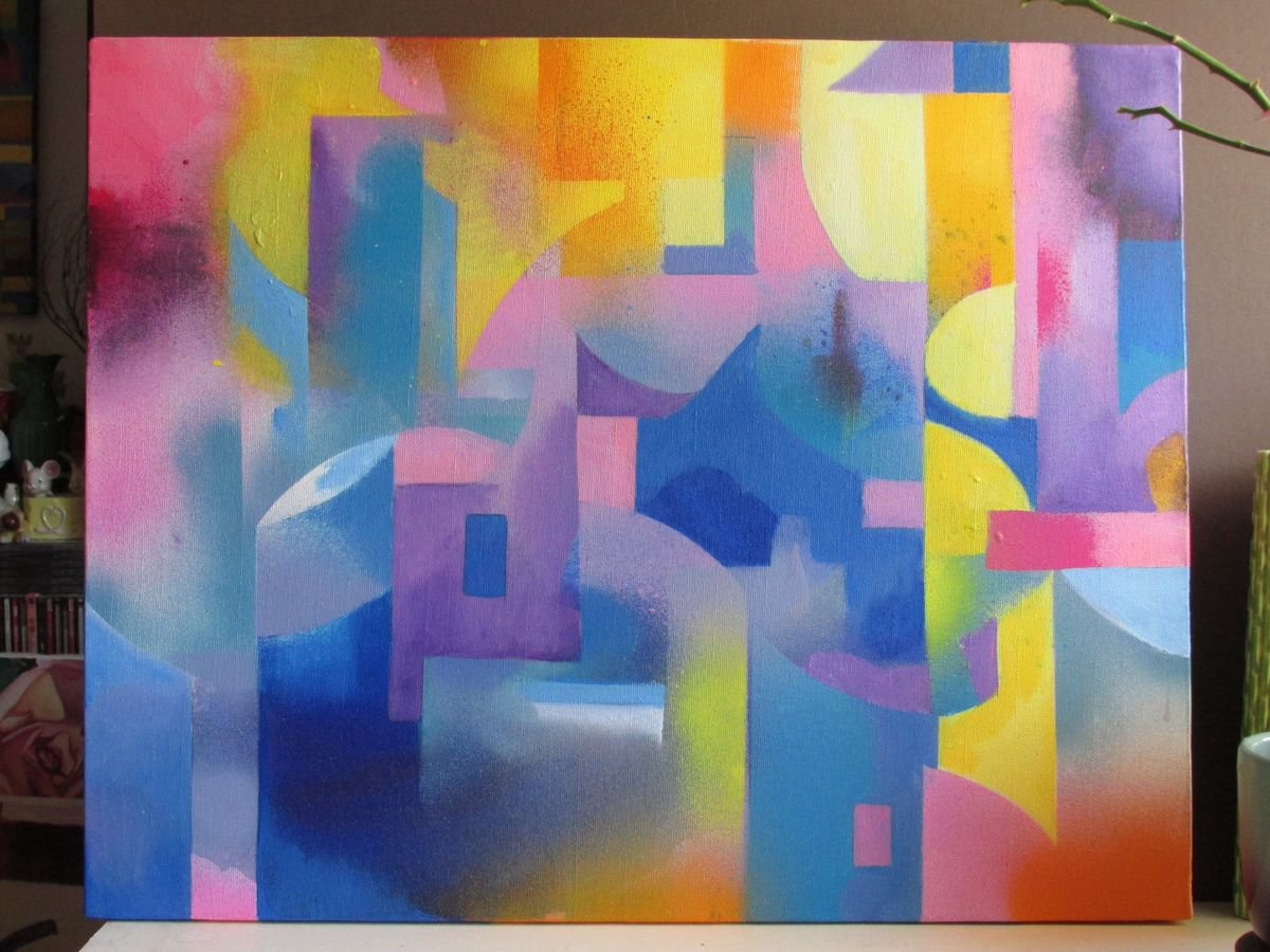 Geometric Abstract Acrylic Painting By Alfred Ng, 20 X 16, City Colors, Original Artwork