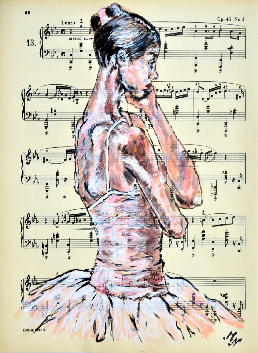 Expressive Portrait Collage By Misty Lady - M. Nierobisz, 8 X 11", Ballerina Xxiv - Music Page, Original Artwork
