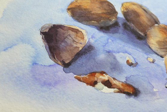 Watercolor still life of walnuts, Vegetarian art for kitchen