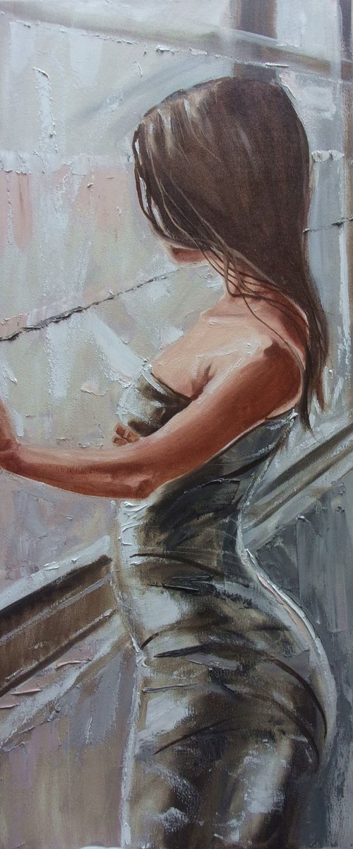 " I ONLY CHECK THE WEATHER ... "-  window liGHt  ORIGINAL OIL PAINTING, GIFT, PALETTE KNIFE (2021) by Monika Luniak