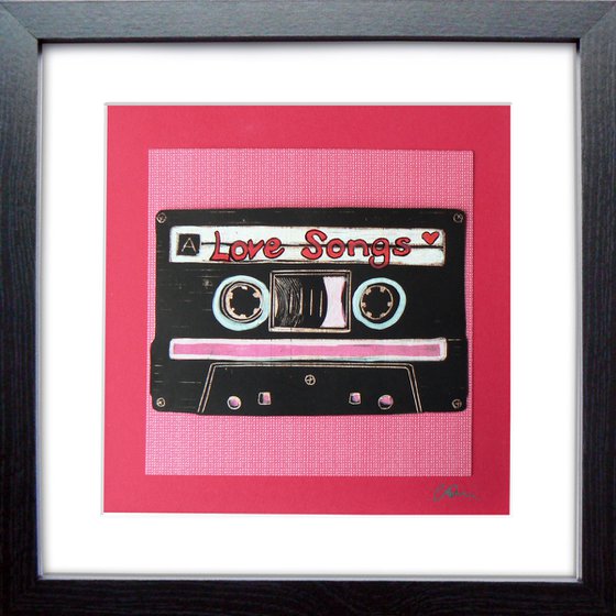 Framed Lino print and collage - Valentines mix tape- Love Songs (lino-print of cassette tape)