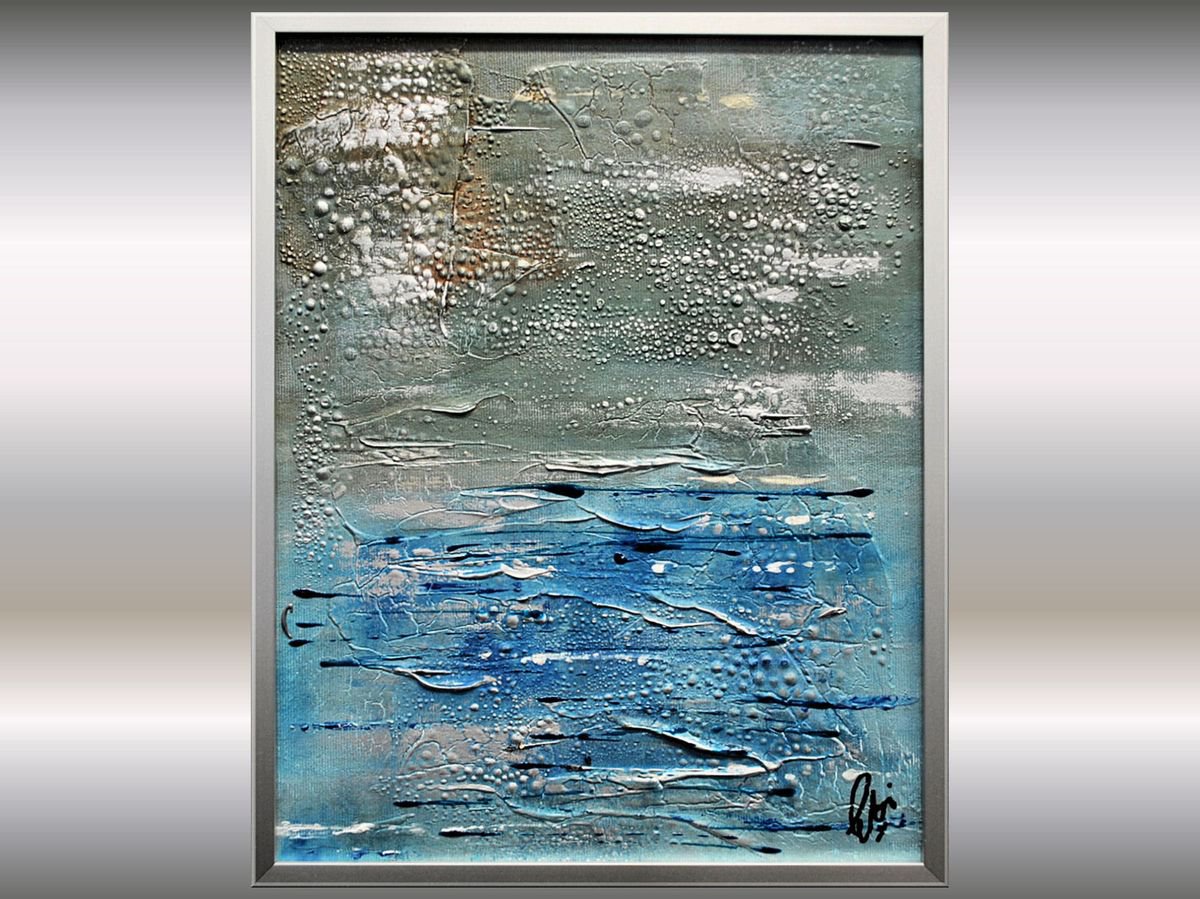 Silver Coast - blue acrylic painting, abstract landscape, deeply textured, framed painting by Edelgard Schroer