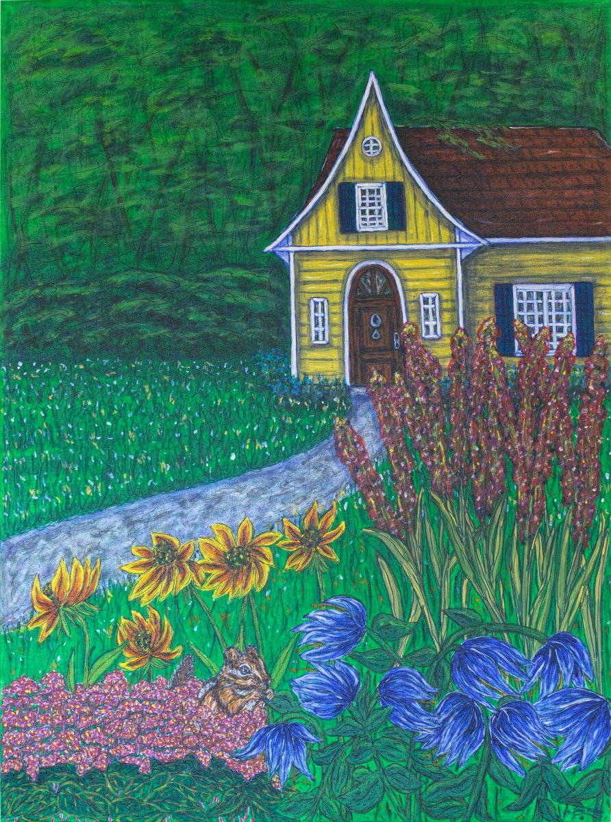 Impressionistic Botanical Acrylic Painting By Kim Jones Miller, 30 X 40", Yellow Cottage Garden, Original Artwork