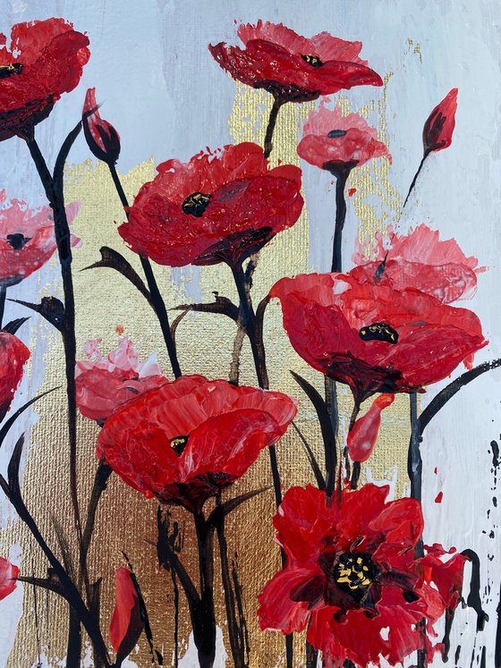 Gold Leaf Painting of Abstract Red Poppies