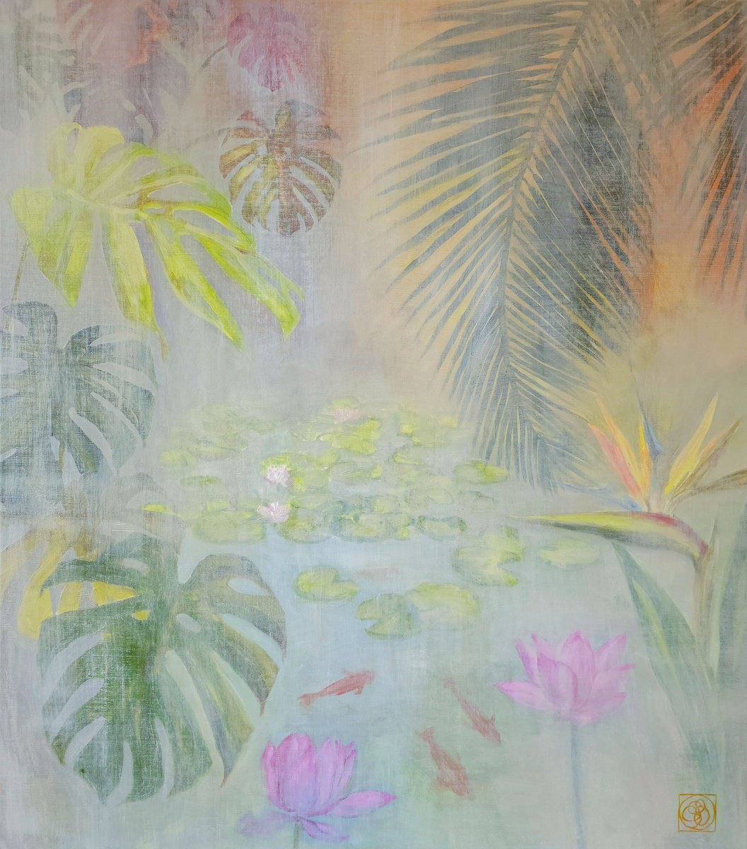 Impressionistic Botanical Oil Painting By Katia Bellini, 31 X 35", Lotus Pond, Original Artwork