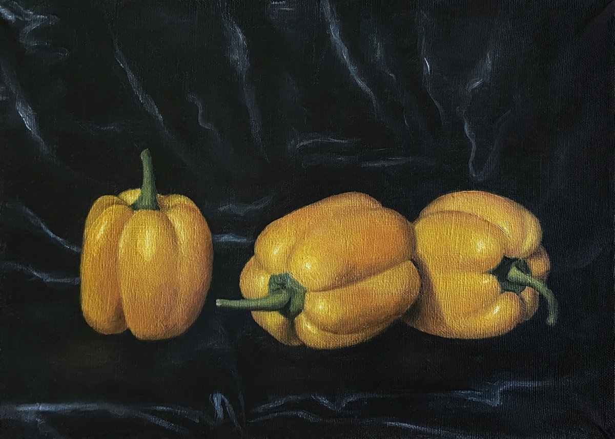 YELLOW PEPPERS ON BLACK SILK by Tatiana Voskresenskaya