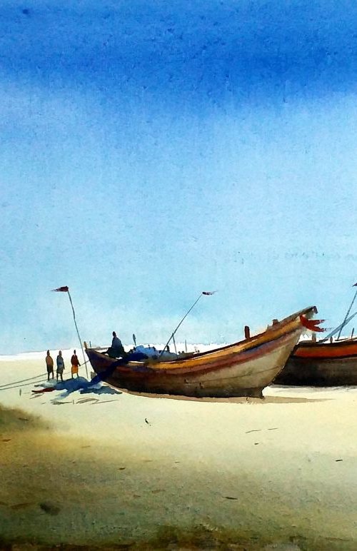 Fishing Boats at Seashore - Watercolor painting on Paper by Samiran Sarkar
