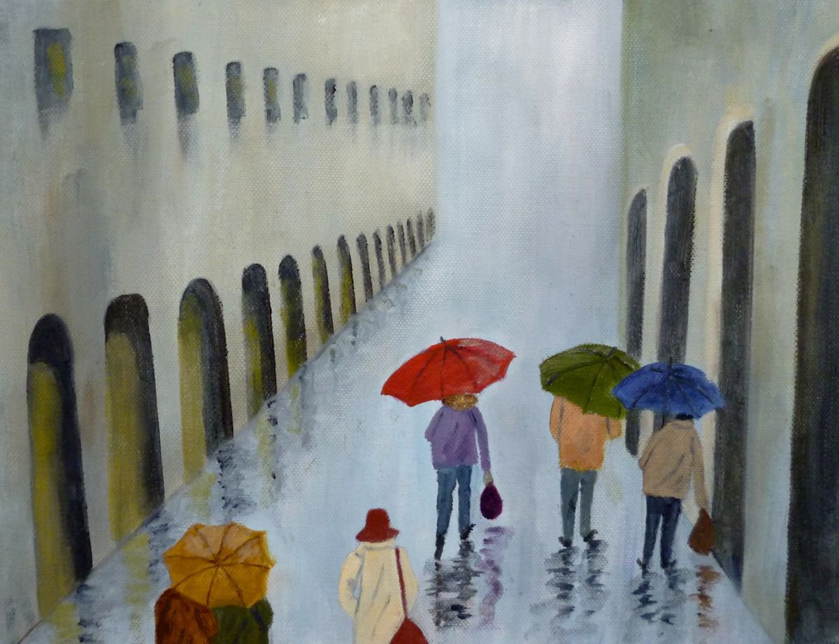 Impressionistic Cityscapes Oil Painting By Maddalena Pacini, 17 X 14", In The Arcade, Original Artwork