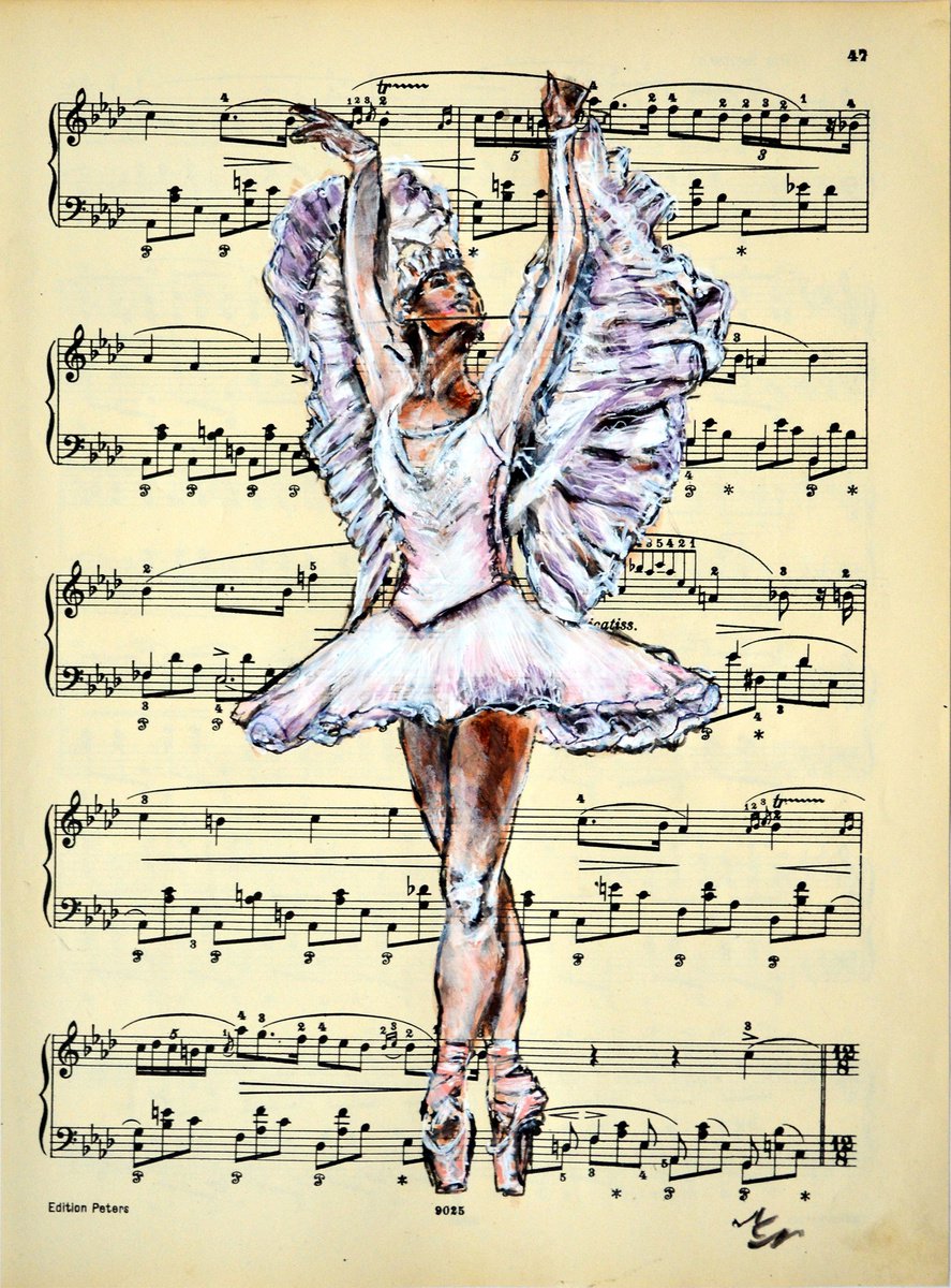 Expressive Portrait Collage By Misty Lady - M. Nierobisz, 8 X 12", Ballerina Xxxi- Music Page, Original Artwork
