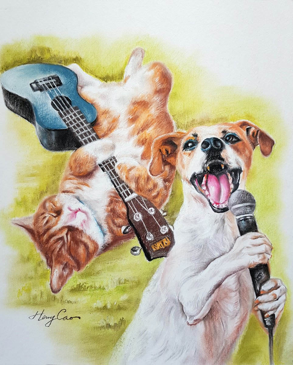 Impressionistic Animal Pastel Drawing By Henry Cao, 16 X 20, Singer With Player, Original Artwork