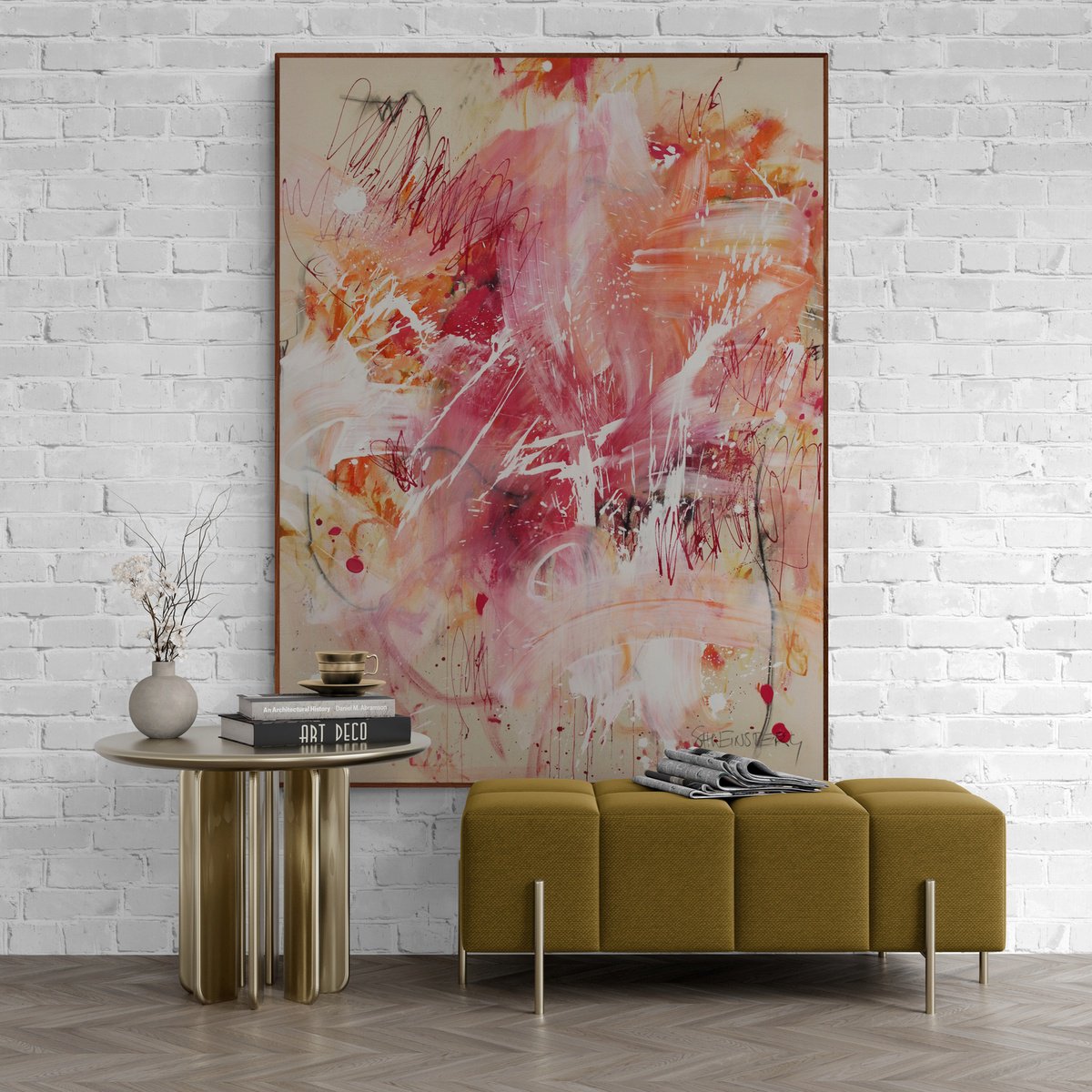 Expressive Abstract Painting By Daniela Schweinsberg, 47 X 63, Crimson Scribbles (Process Over Plan), Original Artwork