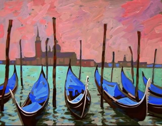 Gondolas in Venice. original mini painting