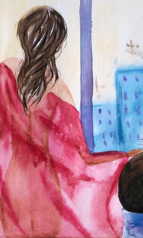 Girl and cat original watercolor painting best friend for isolation "April outside" by Halyna Kirichenko