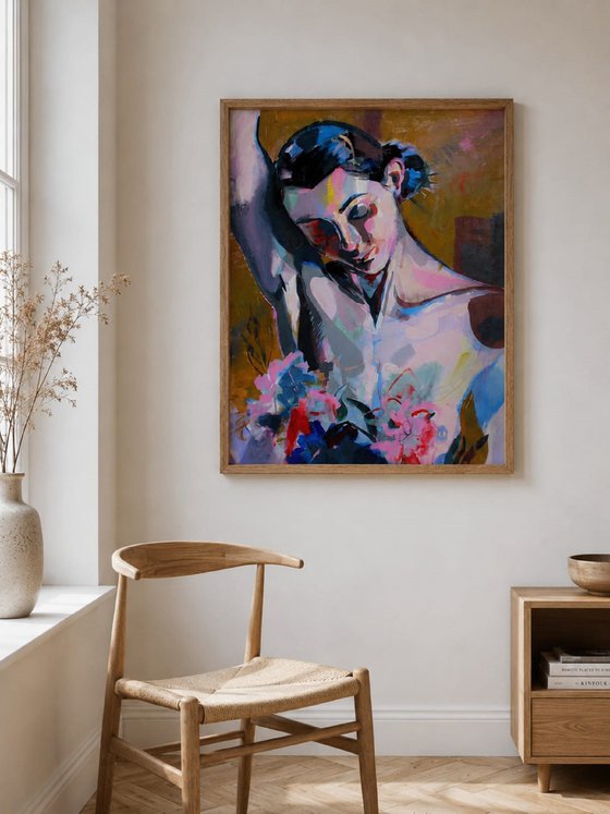 In the Shadow Girl with peonies
