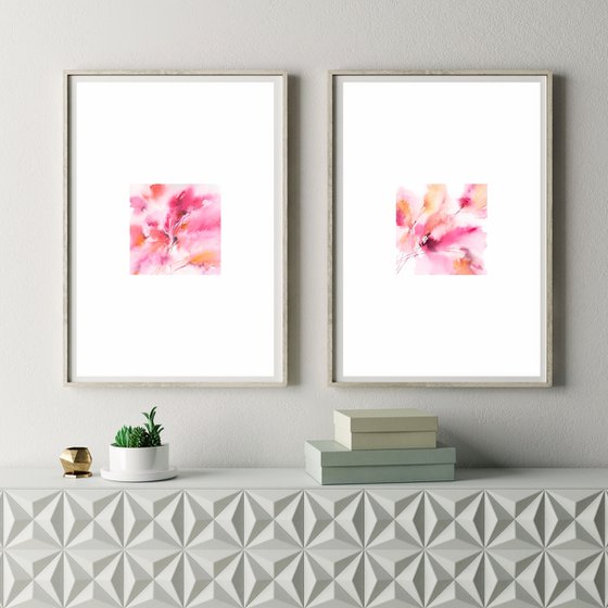 Abstract watercolor floral painting, diptych Whisper of spring