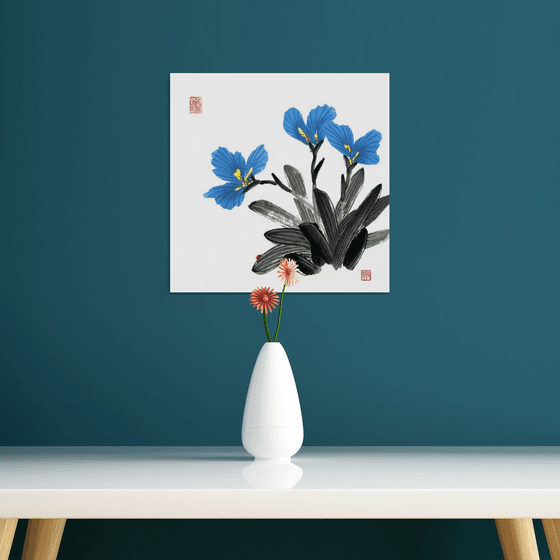 Blue Irises and Red Ladybug