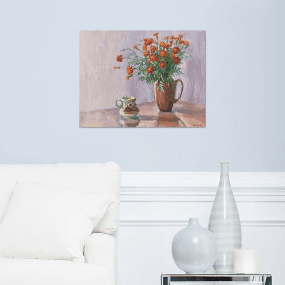 Marigolds in a clay pot