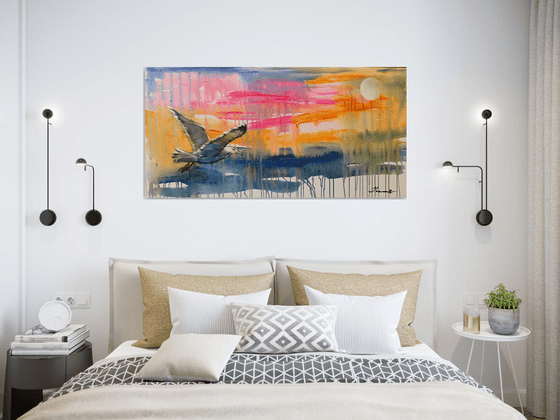 Bright horizontal painting - "Seagull in flight" - Pop Art - Bird - California - Miami - Sea - Ocean - Sunset