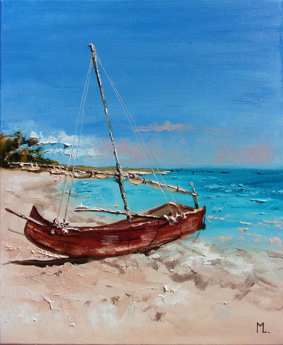 " PARADISE BEACH ... " SHIP BOAT SAIL original painting palette knife GIFT MODERN URBAN ART OFFICE ART DECOR HOME DECOR GIFT IDEA