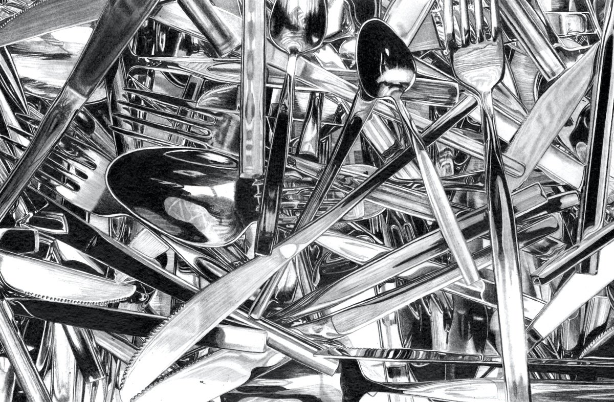 Photorealistic Still Life Pencil Drawing By Paul Stowe, 19 X 13", Cutlery, Original Artwork