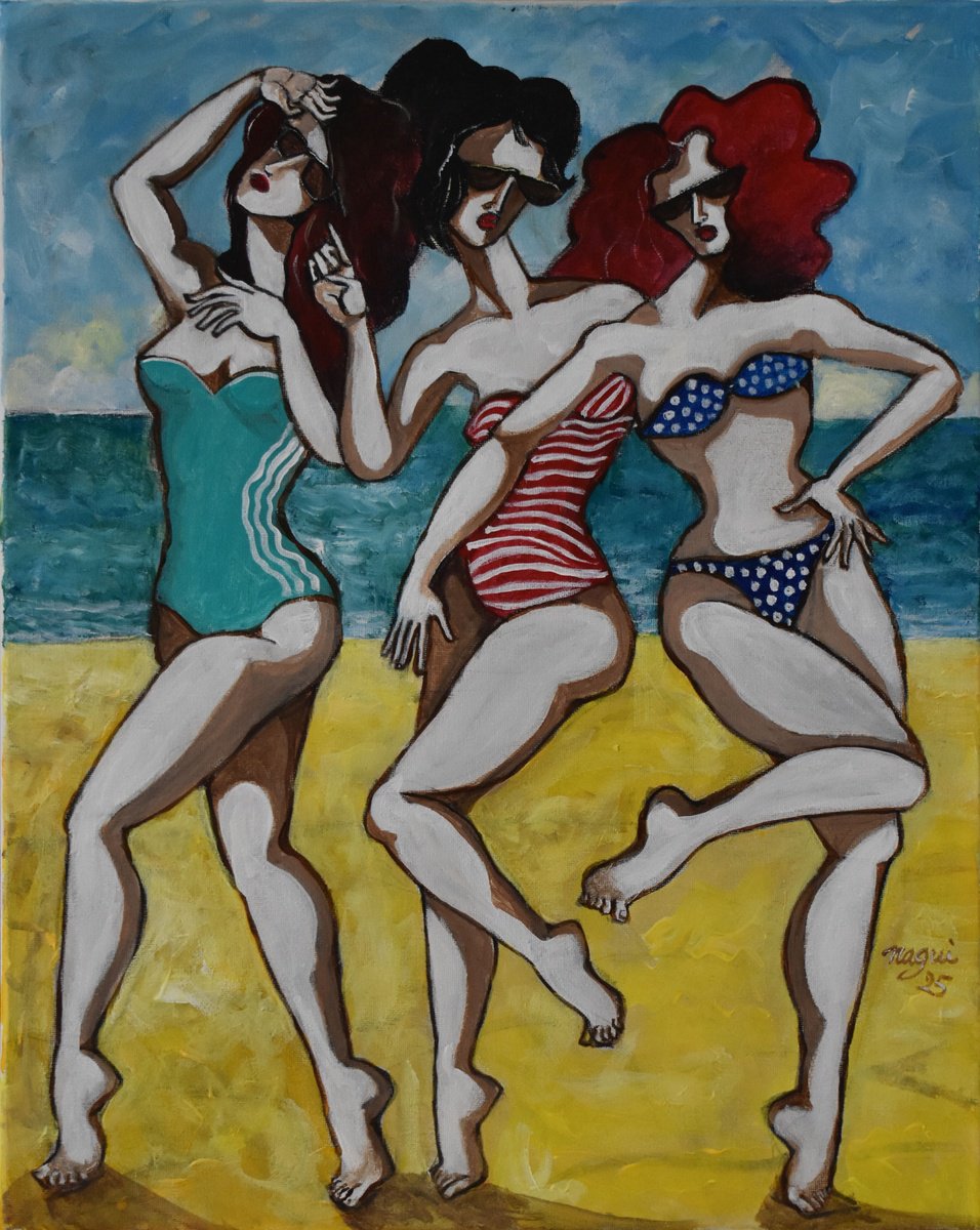 Expressive Portrait Acrylic Painting By Nagui, 16 X 20", At The Beach, Original Artwork
