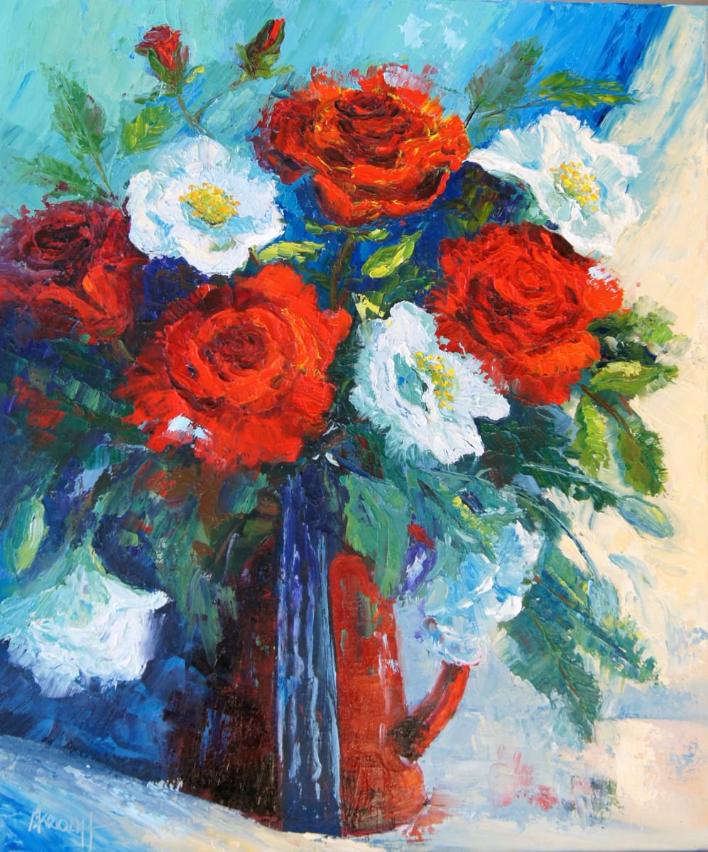 Red, White and Blue Rose Still Life by Marion Hedger