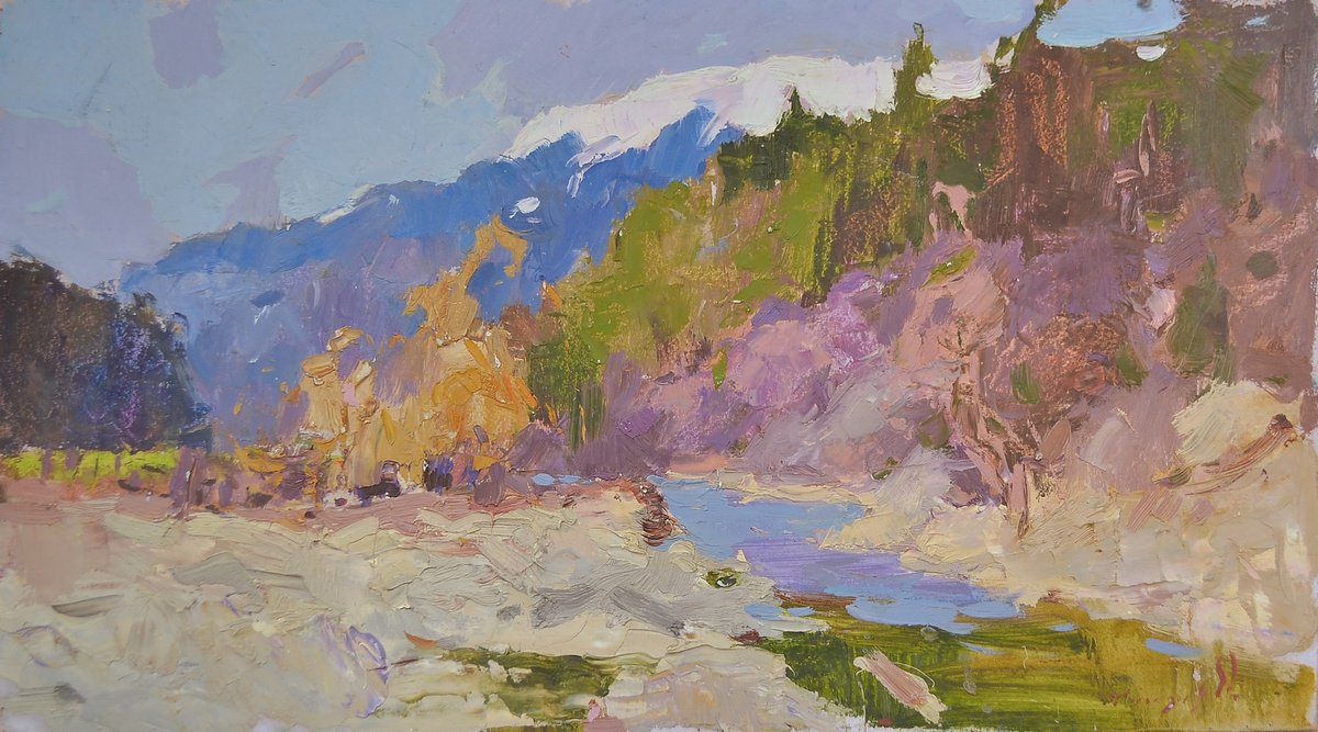 Impressionistic Landscape Oil Painting By Alexander Shandor, 24 X 14, Stream, Original Artwork