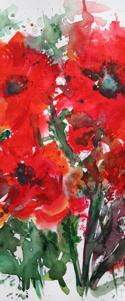 Expressive Red Flowers / ORIGINAL WATERCOLOR PAINTING by Salana Art Gallery