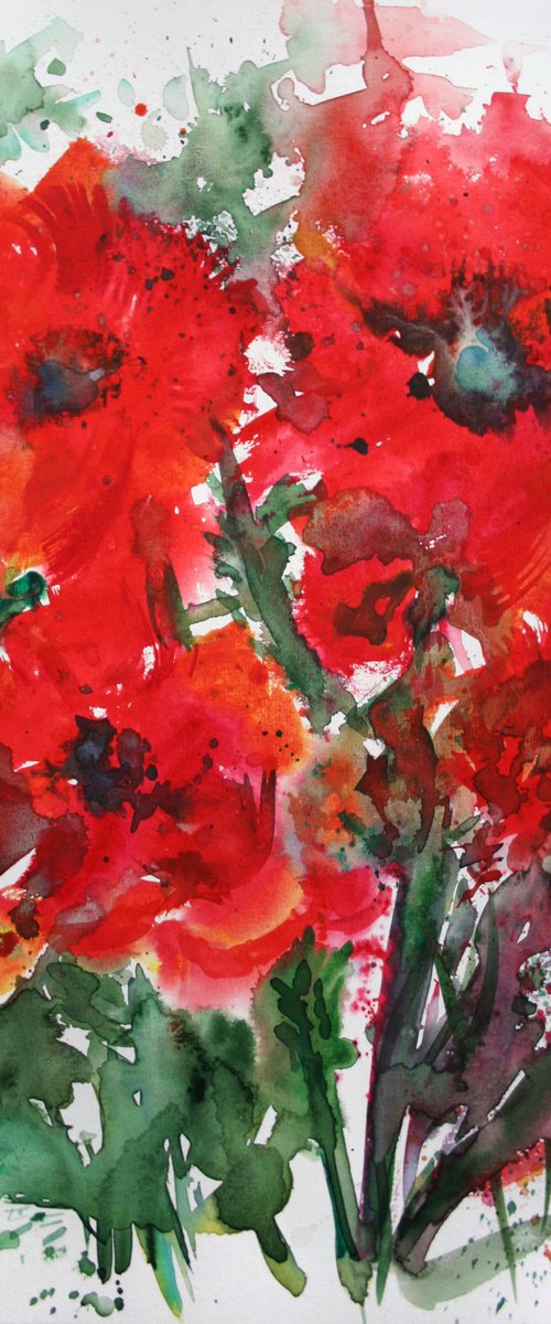 Expressive Red Flowers / ORIGINAL WATERCOLOR PAINTING by Salana Art / Svetlana Samovarova