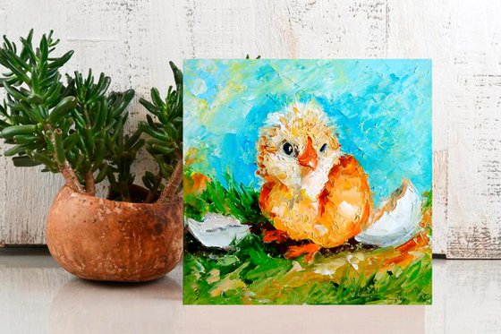Happy birthday, Baby Chicks Painting Bird Original Art Farm Artwork Small Impasto Oil Wall Art