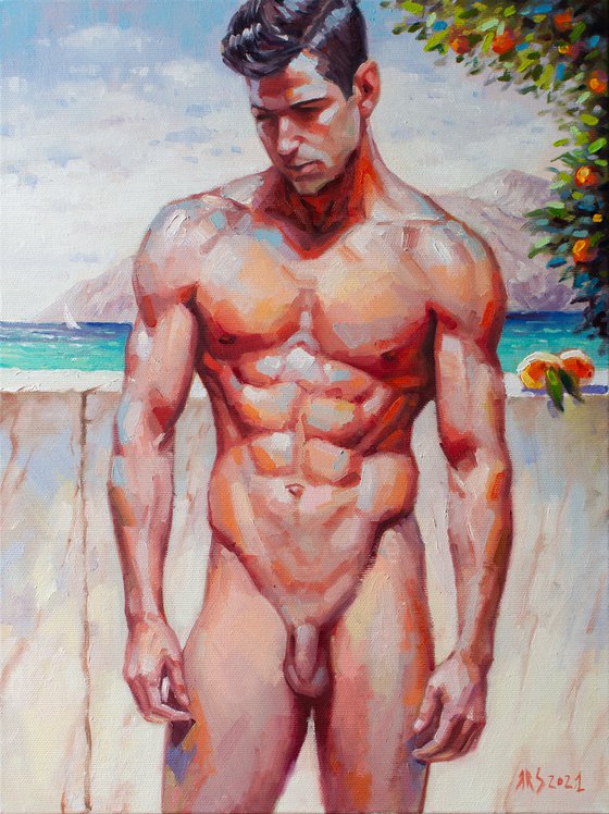 SUNNY DAY by Yaroslav Sobol (Modern Impressionistic Figurative Oil painting of a Man Nude Male Model Gift Home Decor)