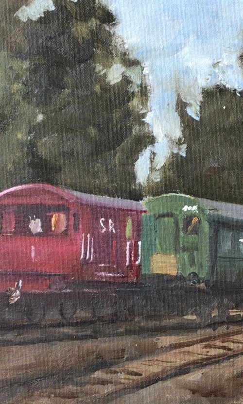 Old railway wagons, an original oil painting by Julian Lovegrove Art