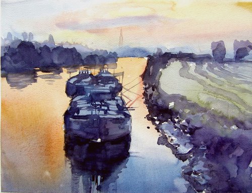 sunset on the river by Goran Žigolić Watercolors