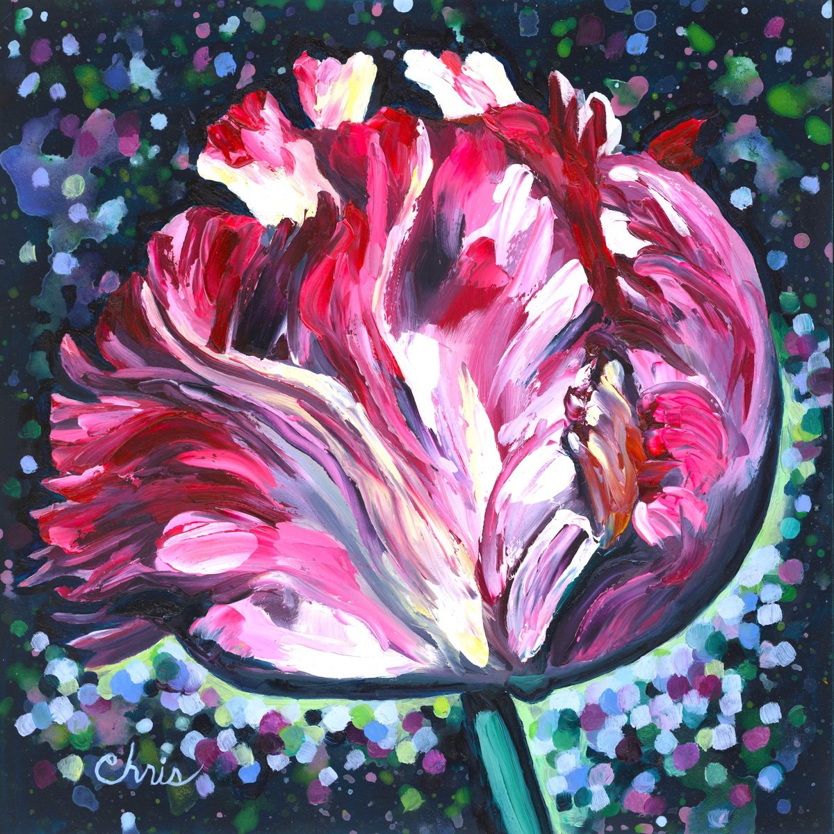 Expressive Botanical Oil Painting By Christina M Plichta, 17 X 17, Pink Parrot Tulip, Original Artwork