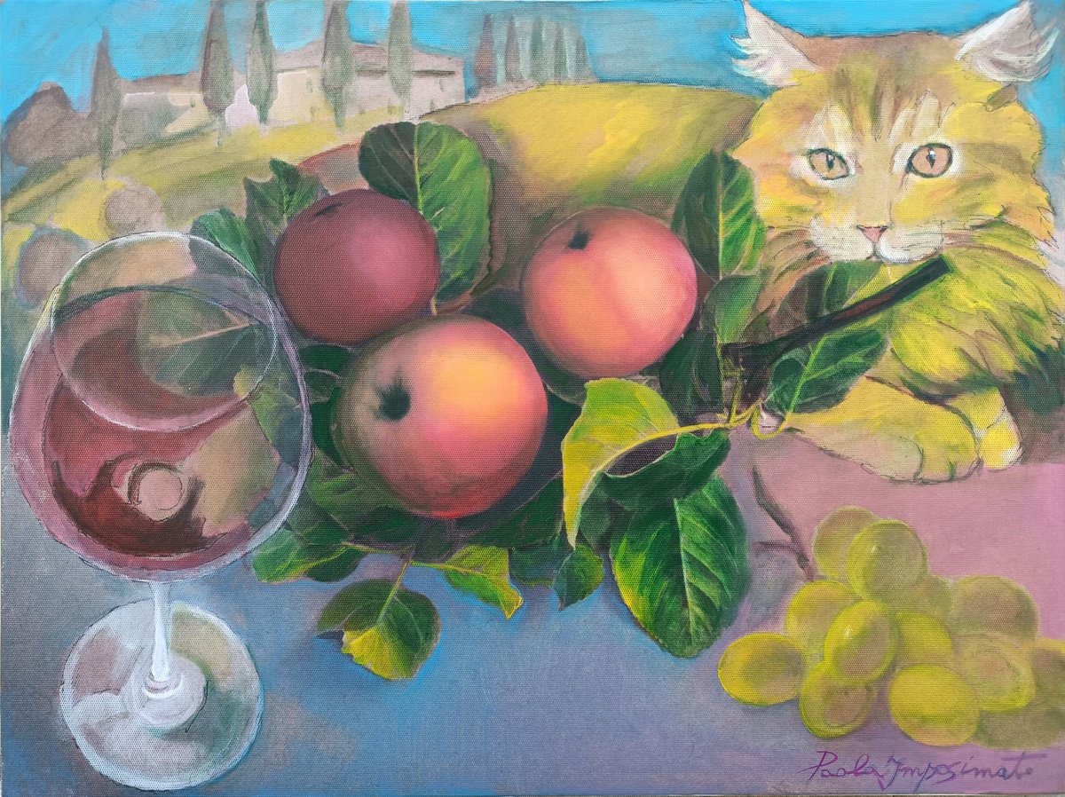 Expressive Still Life Acrylic Painting By Paola Imposimato, 16 X 12", The Toast On The Hills, Original Artwork