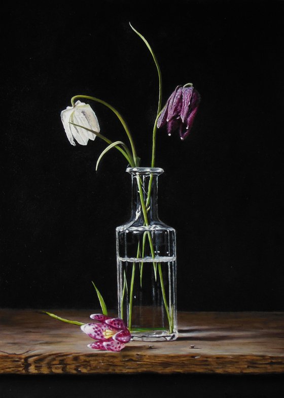 Vase with 2 Fritillaria meleagris flowers (35x25cm)