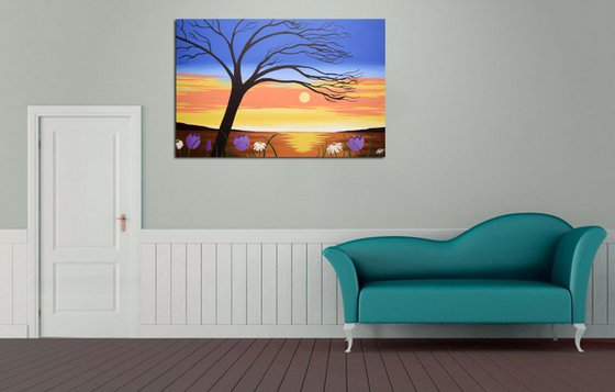 landscape painting large wall art original abstract "Sunset Glory" painting art canvas colour gold paint red yellow sky blue - 24 x 36