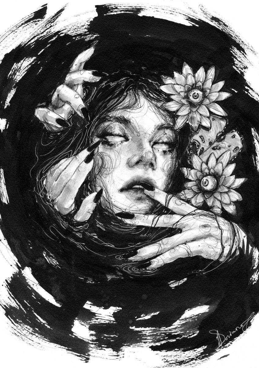 Expressive Portrait Ink Drawing By Doriana Popa, 8 X 12, In The Dark Sea, Original Artwork