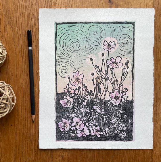 Anemones - Flower Contemporary Linocut Print