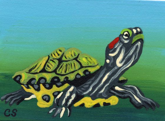 ACEO ATC Original Miniature Painting  Red Ear Slider Turtle Pet Art-Carla Smale