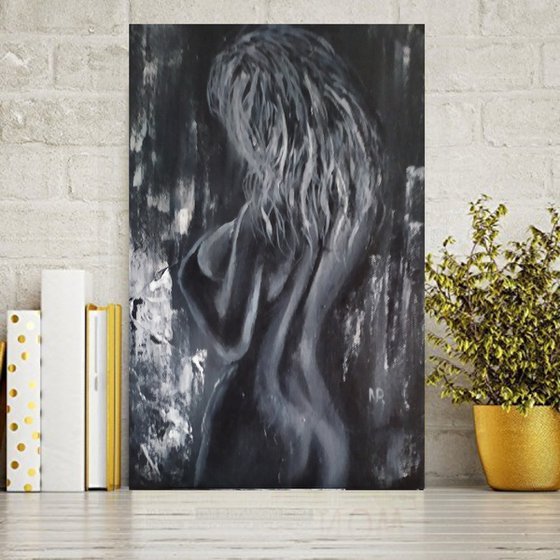 In candle light, original erotic nude girl oil painting, bedroom art