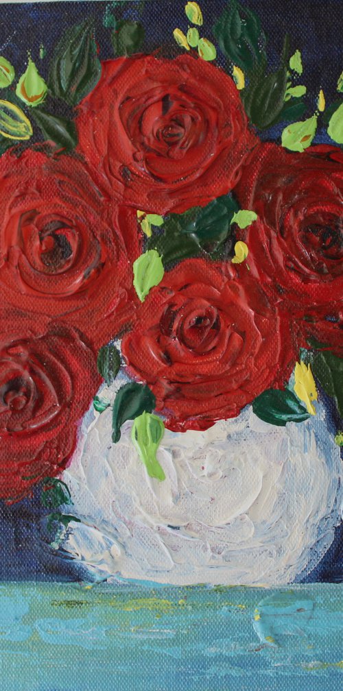 Red Roses- Impasto palette knife acrylic painting on a canvas board - textured floral still life artwork by Vikashini Palanisamy